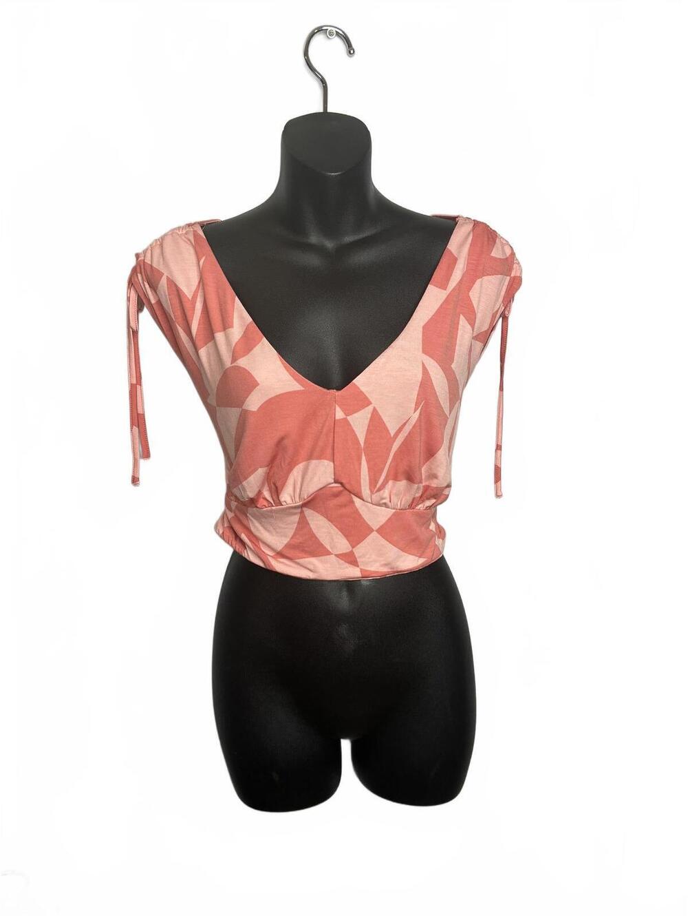 Torrid Coral Geometric Print Crop Top with Tie Sleeves, Women's 1X V-Neck
